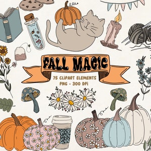 Groovy herfst clipart, boho herfst clipart, Thanksgiving clipart, pompoen clipart, handgetekende herfst clipart, herfst bloem clipart, herfst clipart