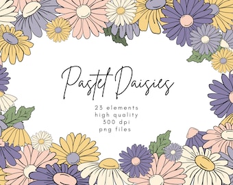 May include: A digital illustration of 23 pastel colored daisies in a circular frame. The daisies are in shades of pink, yellow, purple, and white. The text "Pastel Daisies" is in the center of the frame. The text "23 elements high quality 300 dpi png files" is below the title.