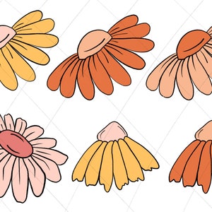 以下が含まれることがあります： 異なる色の組み合わせでスタイリッシュな花が6つ描かれたイラスト。花は黄色、オレンジ、ピンク、赤。花はシンプルで漫画のようなスタイルで描かれています。