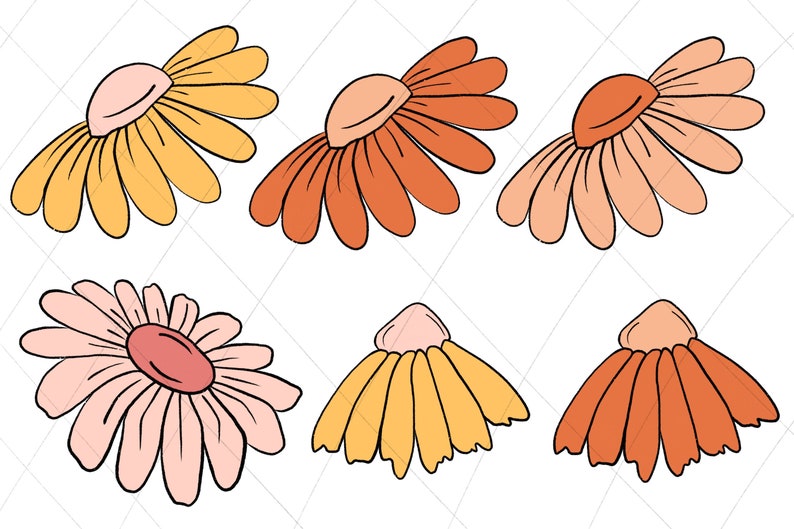 以下が含まれることがあります： 異なる色の組み合わせでスタイリッシュな花が6つ描かれたイラスト。花は黄色、オレンジ、ピンク、赤。花はシンプルで漫画のようなスタイルで描かれています。