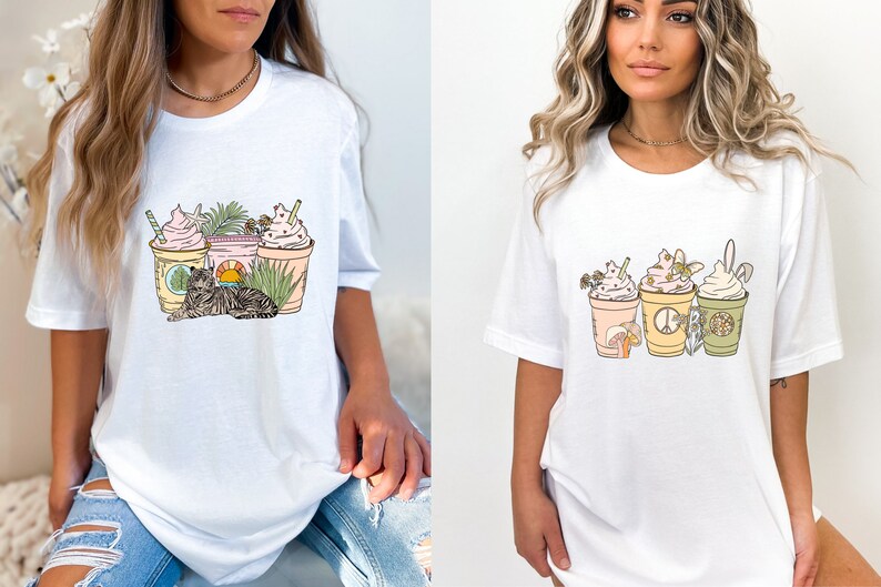 May include: White t-shirts with colorful graphic designs. One shirt features a cat, drinks, and plants. The other shirt has drinks, a mushroom, and a peace sign. The designs are in pastel colors.