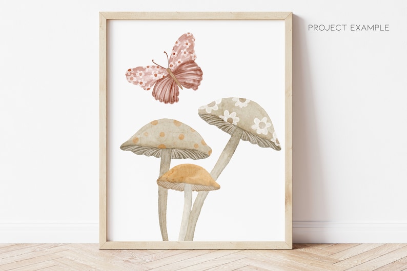 May include: A watercolor painting of three mushrooms with different colored tops and a pink butterfly flying above them. The mushrooms have white and brown polka dots and white flowers on the tops.