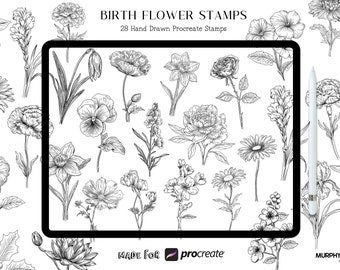 Birth Flower Procreate Stamps, Birth Month Flower Stamps, Procreate Flower Tattoo, Flower Brush Procreate, Procreate Birth Flower Brush Set