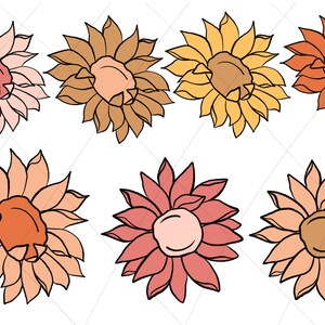 May include: Set of seven illustrated flower clip art images. The flowers are in various shades of pink, orange, and yellow. Each flower has a black outline and a simple design.