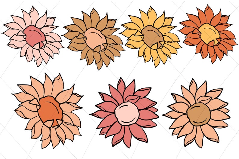 May include: Set of seven illustrated flower clip art images. The flowers are in various shades of pink, orange, and yellow. Each flower has a black outline and a simple design.