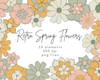 Retro Flower Clipart, Spring Flowers Clipart, Hippie Clipart, Retro Clipart, Wildflower Clipart, Summer Clipart, 60s Clipart, 70s Clipart