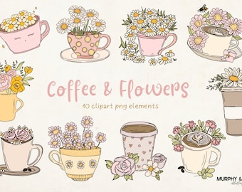 Koffie clipart, madeliefje clipart, lente clipart, wilde bloemen clipart, zomer clipart, koffiekopje png, madeliefje png, lente bloemen png, zomer png