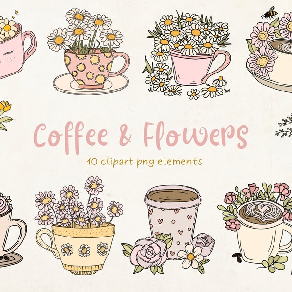 Coffee Clipart, Daisy Clipart, Spring Clipart, Wildflower Clipart, Summer Clipart, Coffee Cup Png, Daisy Png, Spring Floral Png, Summer Png