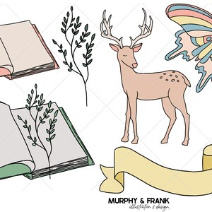 May include: A digital illustration featuring a deer, butterfly, two open books, and a banner. The deer is brown with white spots and has large antlers. The butterfly has blue, pink, and yellow wings. The books are open and have pink and green covers. The banner is yellow and reads "MURPHY & FRANK illustration & design."