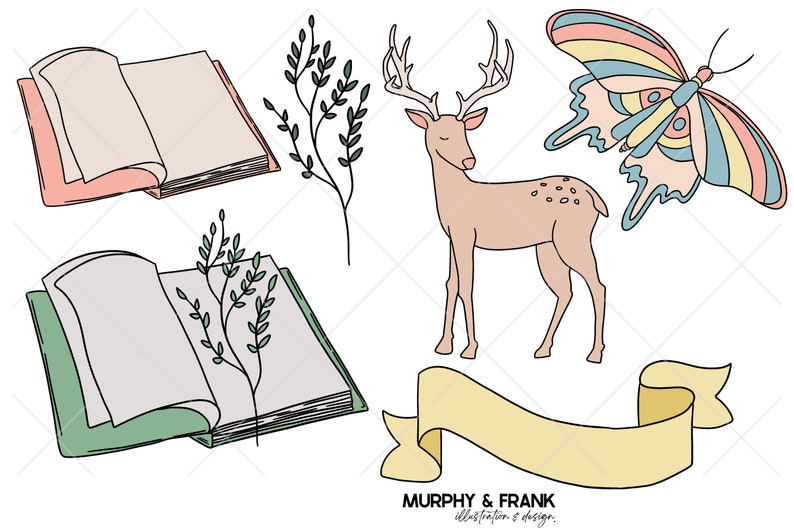 May include: A digital illustration featuring a deer, butterfly, two open books, and a banner. The deer is brown with white spots and has large antlers. The butterfly has blue, pink, and yellow wings. The books are open and have pink and green covers. The banner is yellow and reads "MURPHY & FRANK illustration & design."