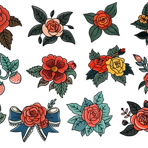 May include: A set of 10 digital illustrations featuring various floral designs. The illustrations include roses, daisies, and other flowers in shades of red, yellow, orange, and green.