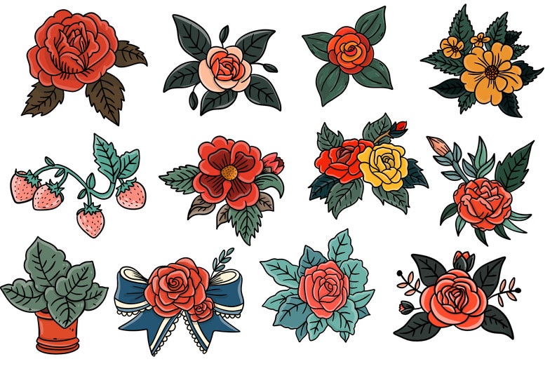 May include: A set of 10 digital illustrations featuring various floral designs. The illustrations include roses, daisies, and other flowers in shades of red, yellow, orange, and green.