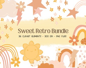 Boho Rainbow Clipart, Retro Groovy Clipart, Weather Clipart, Boho Clipart, Daisy Clipart Floral Rainbow Png, Sun Clipart,Rain Clouds Clipart