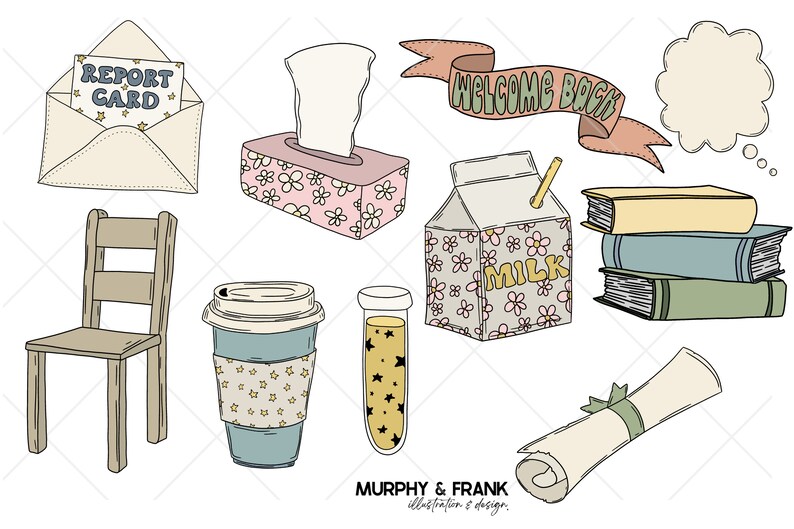Op de afbeelding: Een set illustraties met een terug naar school thema, waaronder een stoel, een kop koffie, een tissuebox, een pak melk, een reageerbuis, een diploma, een stapel boeken, een envelop met een rapport, een welkom terug banner en een gedachtewolk.