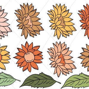 May include: A set of nine digital illustrations featuring stylized sunflowers in various colors, including orange, yellow, brown, and pink. The illustrations also include three green leaves.