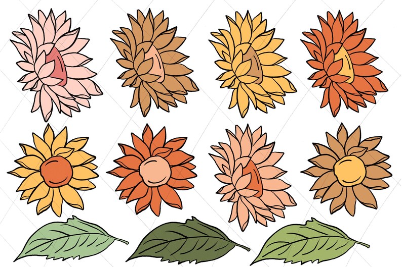 May include: A set of nine digital illustrations featuring stylized sunflowers in various colors, including orange, yellow, brown, and pink. The illustrations also include three green leaves.