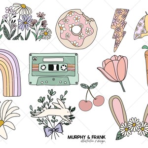 Może przedstawiać: Zestaw 11 ręcznie rysowanych ilustracji w pastelowych kolorach. Ilustracje obejmują tęczę, kasetę magnetofonową, pączka, błyskawicę, parasol, marchewkę, tulipan, wiśnię, kr&oacute;lika, stokrotkę i bukiet kwiat&oacute;w.