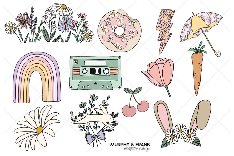 Może przedstawiać: Zestaw 11 ręcznie rysowanych ilustracji w pastelowych kolorach. Ilustracje obejmują tęczę, kasetę magnetofonową, pączka, błyskawicę, parasol, marchewkę, tulipan, wiśnię, kr&oacute;lika, stokrotkę i bukiet kwiat&oacute;w.