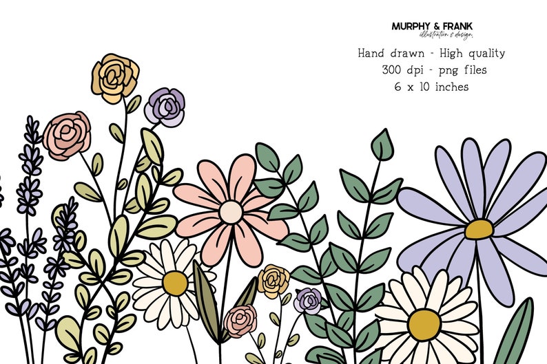 Pu&ograve; includere: Un'illustrazione digitale di un bouquet di fiori in vari colori, tra cui lavanda, rosa, giallo e bianco. I fiori sono disegnati in uno stile semplice, disegnato a mano, con contorni neri.