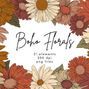 Boho Floral Clipart, Daisy Clipart, Boho Clipart, Flower Clipart, Design Elements, Summer Clipart, Autumn Clipart,Fall Clipart,Sunflower Png