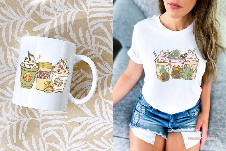 May include: White coffee mug with a handle featuring three illustrated iced coffee drinks with whipped cream and straws. The mug is on a patterned surface. A white t-shirt with the same design is also shown.