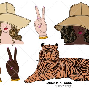 May include: A set of five illustrations featuring a tiger, two peace signs, and two women wearing wide-brimmed hats. The tiger is orange and black with a white background. The peace signs are brown with pink fingernails. The women are wearing brown hats and have long brown hair. The text "MURPHY & FRANK illustration & design" is at the bottom of the image.