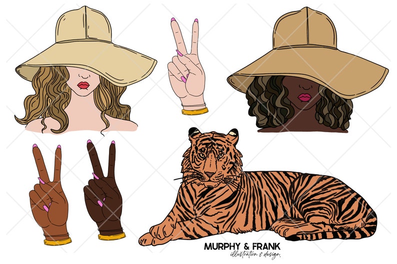 May include: A set of five illustrations featuring a tiger, two peace signs, and two women wearing wide-brimmed hats. The tiger is orange and black with a white background. The peace signs are brown with pink fingernails. The women are wearing brown hats and have long brown hair. The text "MURPHY & FRANK illustration & design" is at the bottom of the image.