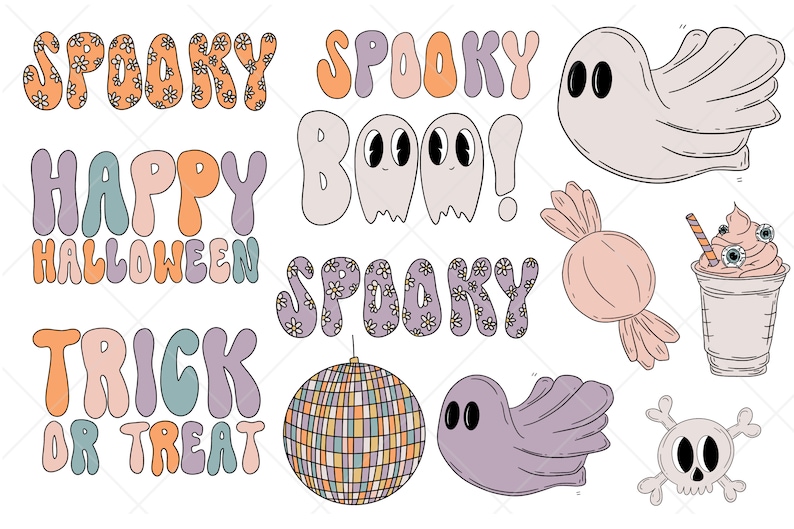 Groovy Halloween Clipart, Groovy Clipart Bundle, Fall Clipart, Pastel