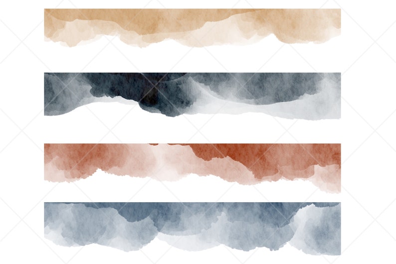 May include: Four watercolor brushstrokes in different colors: beige, dark blue, reddish brown, and light blue. Each brushstroke is a horizontal line with a jagged edge.