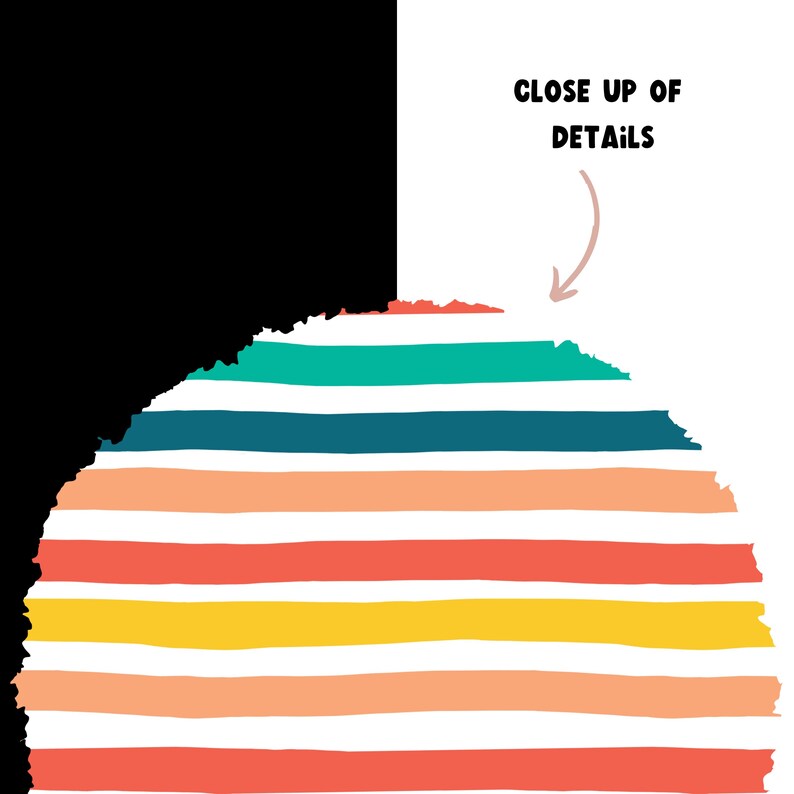 May include: Close-up of a colorful striped pattern with alternating bands of teal, blue, peach, yellow, and white. The text "CLOSE UP OF DETAILS" is written in black above the pattern.