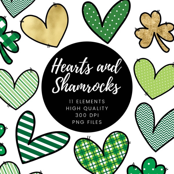 St Patrick's Day Clipart, Shamrock Png, St Patricks Day Png, Lucky Three Leaf Clover Clipart, Green Hearts Png, March Clipart,Gold Irish Png