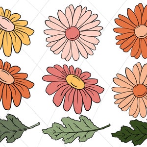 以下が含まれることがあります： 花と葉のデジタルイラスト9点。花はオレンジ、ピンク、イエローのグラデーション。葉は緑色です。