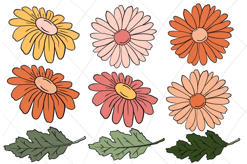 以下が含まれることがあります： 花と葉のデジタルイラスト9点。花はオレンジ、ピンク、イエローのグラデーション。葉は緑色です。
