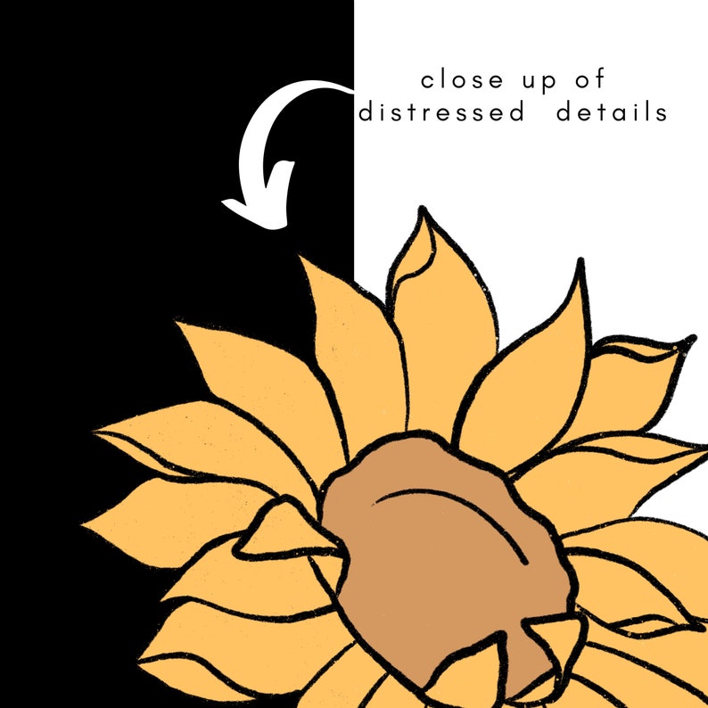 May include: A close-up of a yellow sunflower with a brown center. The sunflower has a distressed, textured look.