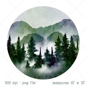 May include: A watercolour painting of a misty forest scene with tall evergreen trees and rolling hills in the background. The painting is circular and has a soft, ethereal feel.