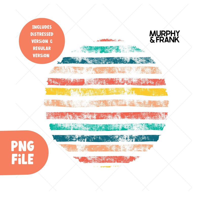 May include: A distressed, circular design with horizontal stripes in shades of red, orange, yellow, green, and blue. The design has a vintage, retro feel. The text "MURPHY & FRANK" is in the upper right corner of the image.