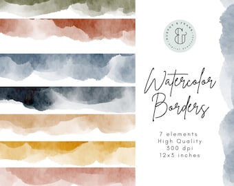 May include: Set of seven watercolor borders in various colors, including green, red, blue, black, beige, yellow, and pink. Each border is 12 inches by 3 inches and 300 dpi. Watercolor Borders.