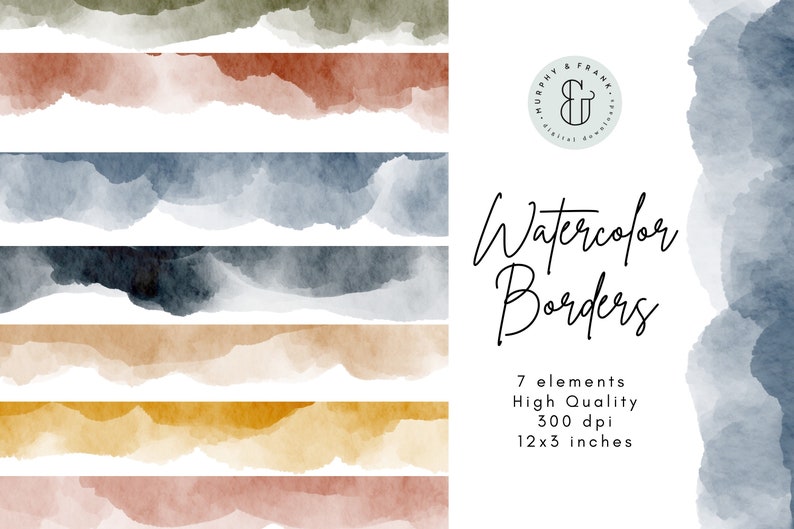 May include: Set of seven watercolor borders in various colors, including green, red, blue, black, beige, yellow, and pink. Each border is 12 inches by 3 inches and 300 dpi. Watercolor Borders.