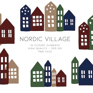 Village d'hiver Png, Noël scandinave Png, Clipart maisons nordiques, Clipart Noël minimaliste, maisons Scandinaves, Clipart Noël classique