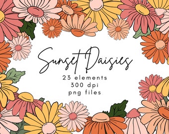 Daisy Clipart, Retro Clipart, Boho Clipart Flowers, Hippie Clipart, Groovy Clipart, Summer Clipart Daisies, 60s Clipart, Spring Clipart Png