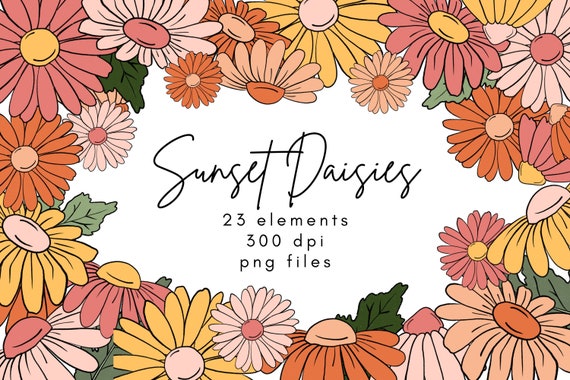 Daisy Clipart, Retro Clipart, Boho Clipart Flowers, Hippie Clipart, Groovy Clipart, Summer Clipart Daisies, 60s Clipart, Spring Clipart Png