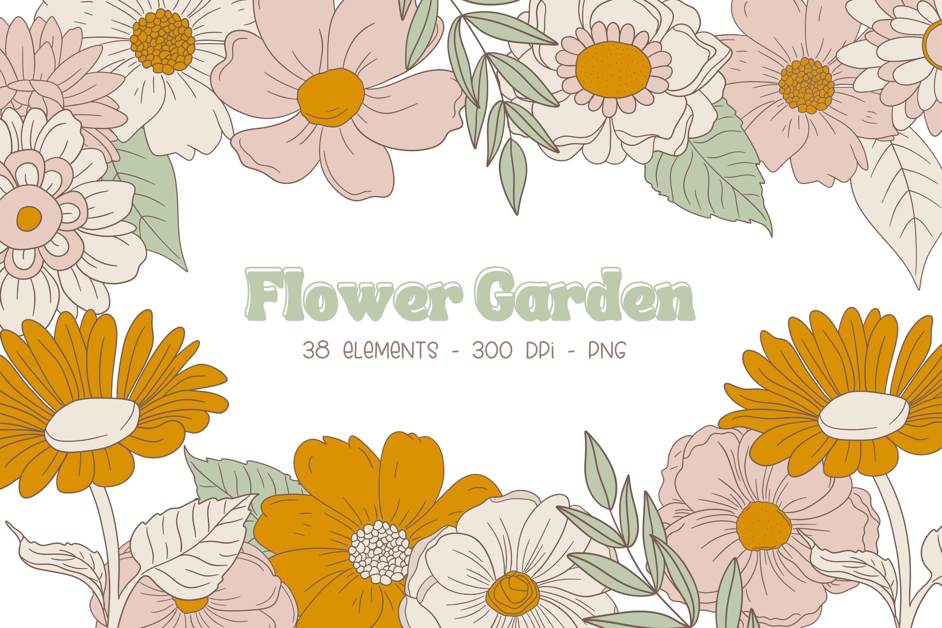 Retro Flower Clipart, Clipart Flowers Retro, Boho Flower Clipart, Retro Floral Clipart, Hand Drawn Flower Clipart, Groovy Flower Clip Art