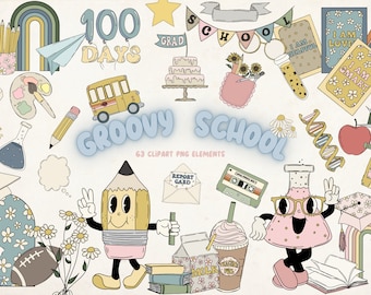 Groovy School Clipart, Graduation Clipart, Education Clipart, Retro Clipart, Teacher Clipart, Books Clipart, Latte Png, Science Clip Art Png