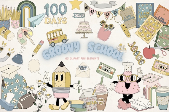 Groovy School Clipart, Graduation Clipart, Education Clipart, Retro Clipart, Teacher Clipart, Books Clipart, Latte Png, Science Clip Art Png