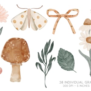 May include: A set of watercolor illustrations featuring a mushroom, a butterfly, a bow, and various flowers. The illustrations are in shades of brown, pink, white, and green.