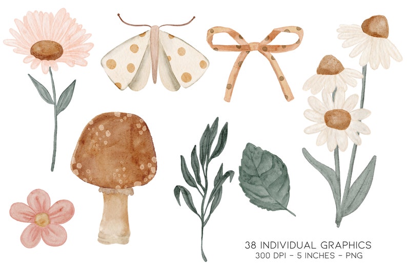 May include: A set of watercolor illustrations featuring a mushroom, a butterfly, a bow, and various flowers. The illustrations are in shades of brown, pink, white, and green.