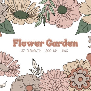 Retro bloem clipart, boho bloem clipart, schattige bloem graphics, retro bloemen clipart, handgetekende bloemen, groovy bloemen png, bloemen png