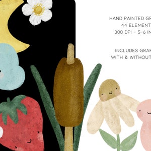 Puede incluir: Un conjunto de 44 ilustraciones digitales pintadas a mano que presentan personajes y objetos caprichosos, incluyendo una nube, una fresa, una flor, un gusano y una espada&ntilde;a. Los gr&aacute;ficos est&aacute;n disponibles con y sin caras.  HAND PAINTED GRAPHICS 44 ELEMENTS 300 DPI - 5-6 INCHES INCLUDES GRAPHICS WITH & WITHOUT FACES