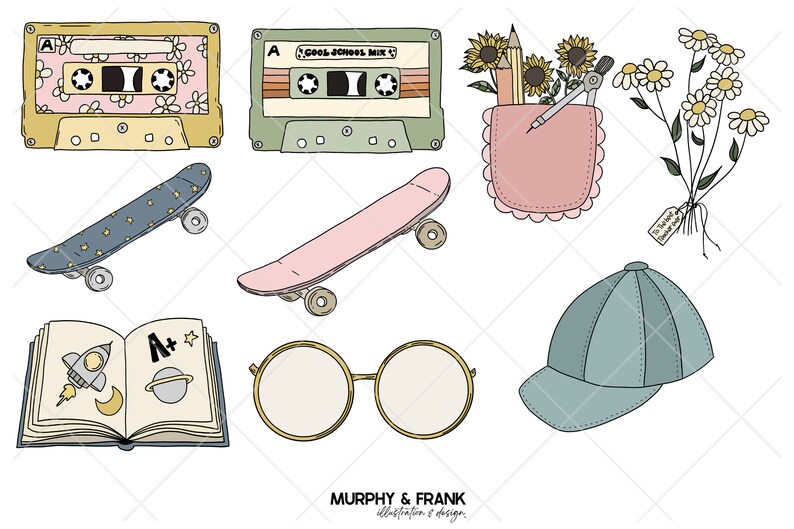 Op de afbeelding: Een set van negen handgetekende illustraties met schoolbenodigdheden, waaronder een roze en blauwe skateboard, een gele en roze cassetteband, een groene cassetteband met het label "Cool School Mix", een boek met een raket- en planeet-illustratie, een rond brilletje, een blauwe baseballpet, een zakje met potloden en een passer, en een bos witte madeliefjes.