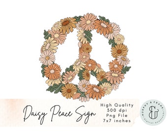 Peace Sign Clipart, Daisy Clipart, Retro Flowers Clipart, 70s Clipart, Boho Clipart, Hippie Clipart, Groovy Florals, Retro Sublimation Png